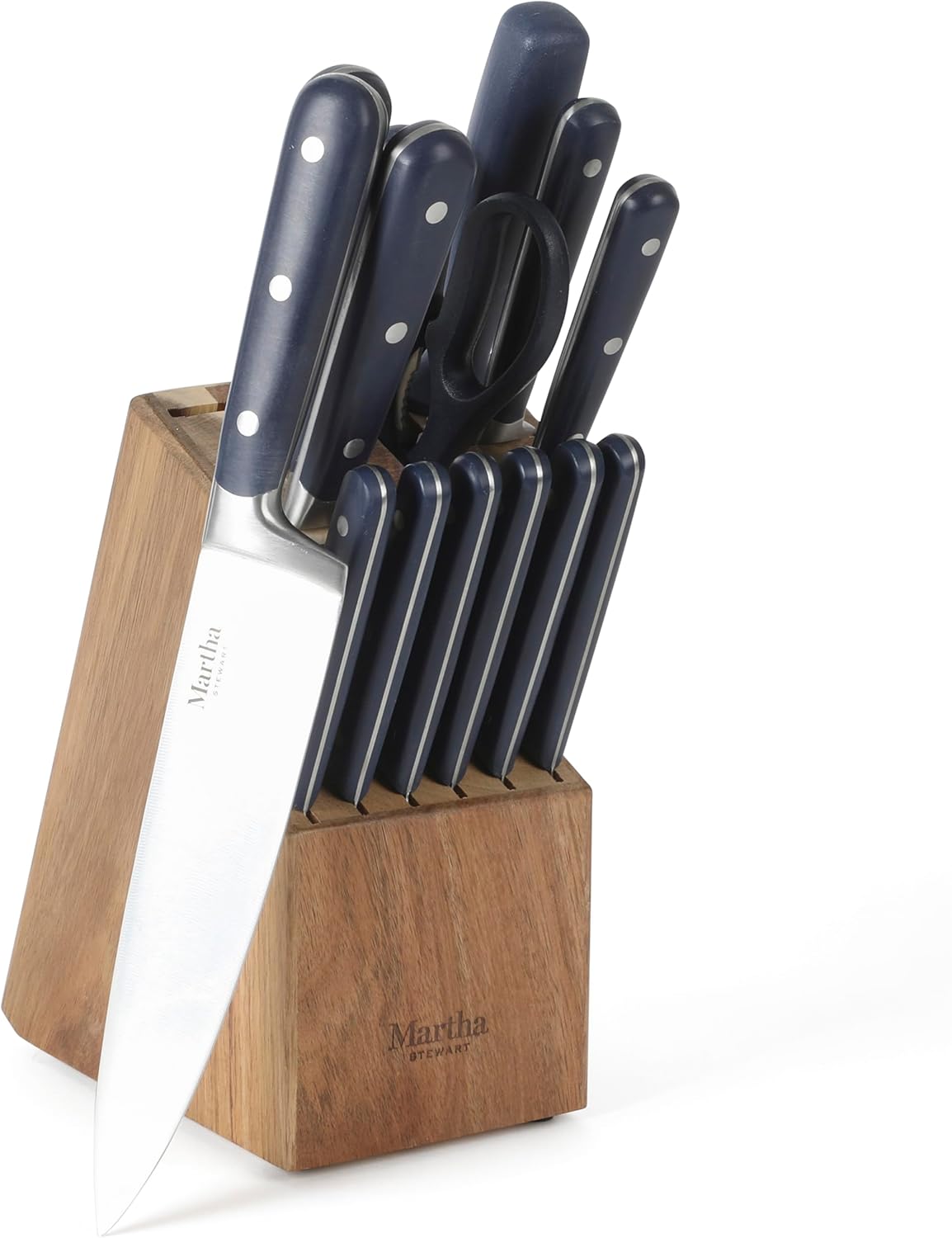 MARTHA STEWART Eastwalk 14 Piece High Carbon Staineless Steel Cutlery Set w ABS Triple Riveted Forged Handle Acacia Wood Block - Navy Blue MARTHA STEWART Eastwalk 14 Piece High Carbon Staineless Steel Cutlery Set w/ABS Triple Riveted Forged Handle Acacia Wood Block - Navy Blue
