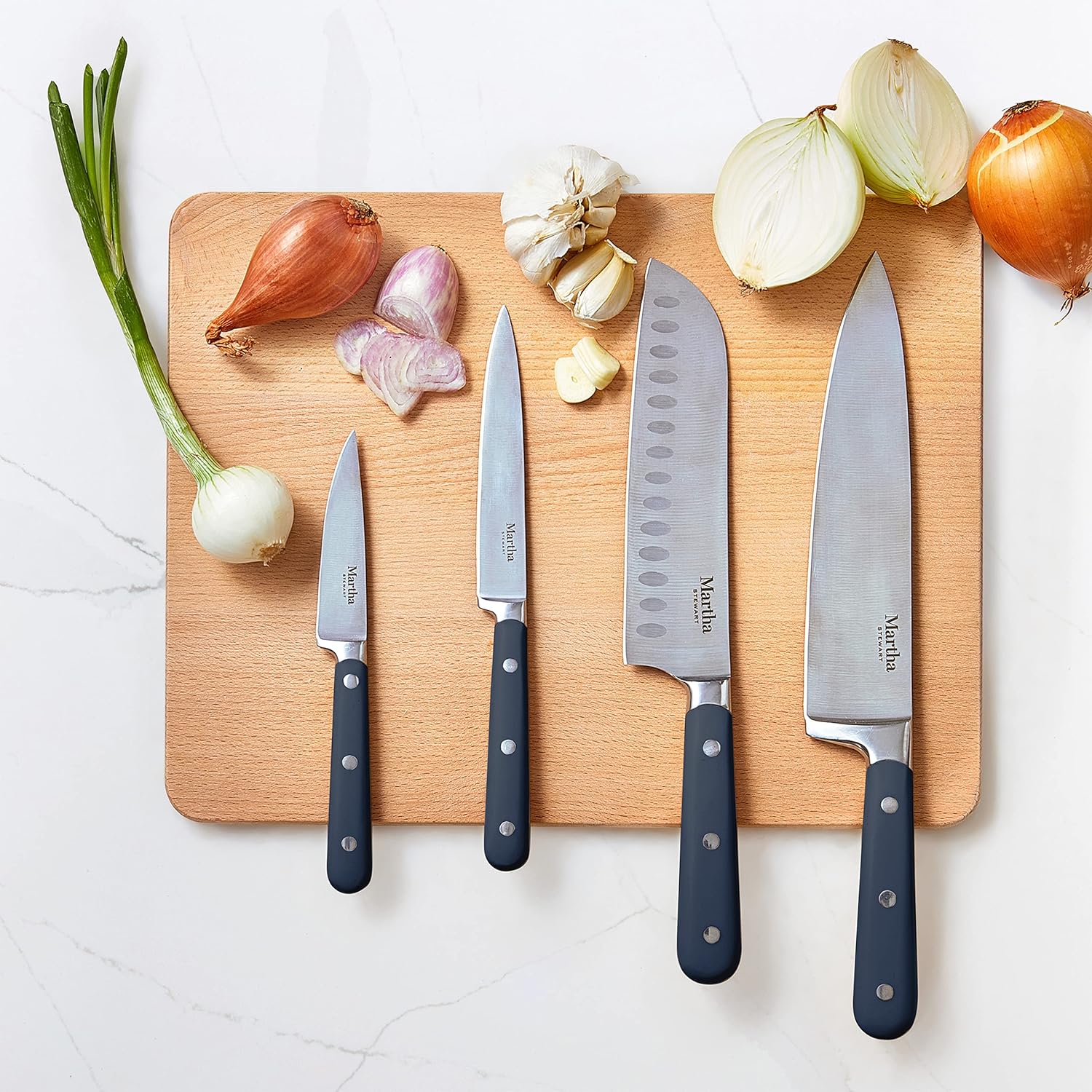 MARTHA STEWART Eastwalk 14 Piece High Carbon Staineless Steel Cutlery Set w ABS Triple Riveted Forged Handle Acacia Wood Block - Navy Blue1