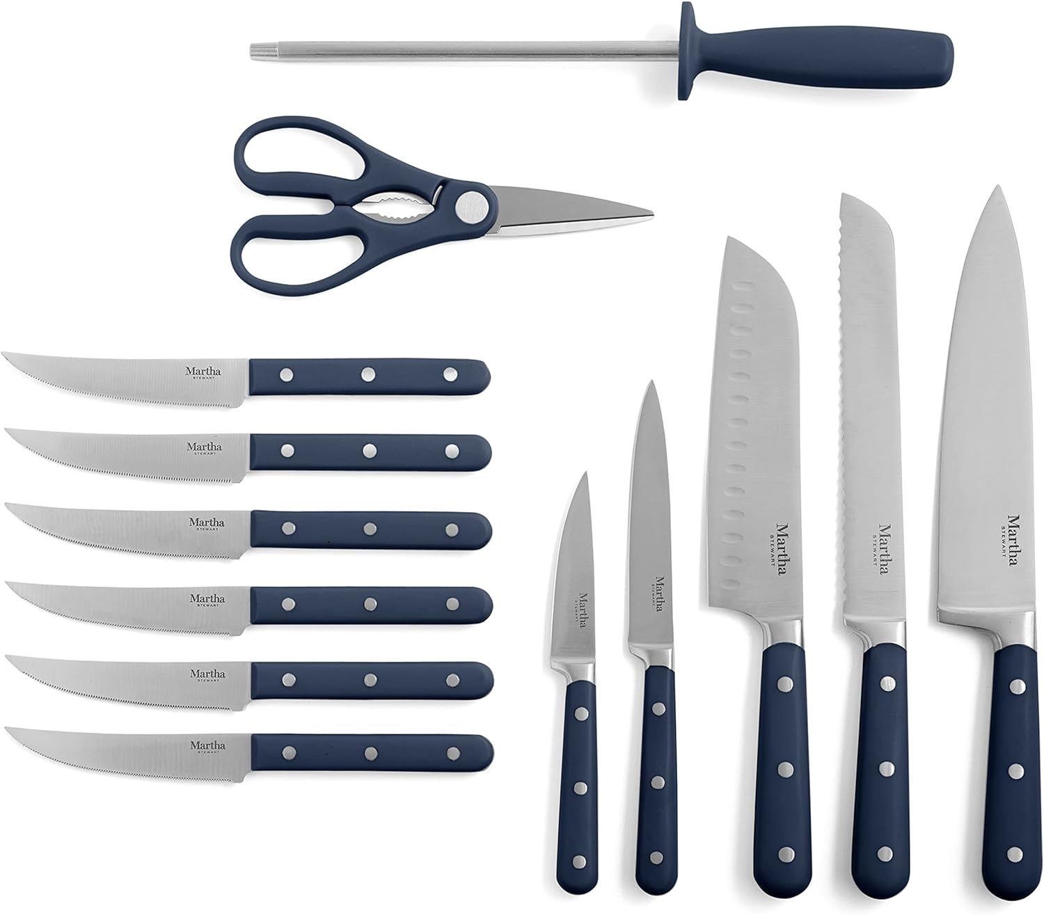 MARTHA STEWART Eastwalk 14 Piece High Carbon Staineless Steel Cutlery Set w ABS Triple Riveted Forged Handle Acacia Wood Block - Navy Blue8