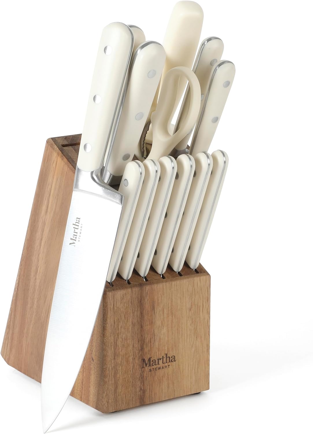 MARTHA STEWART Eastwalk 14 Piece High Carbon Stainless Steel Cutlery Kitchen Knife Block Set w ABS Triple Riveted Forged Handle Acacia Wood Block - Linen White MARTHA STEWART Eastwalk 14 Piece High Carbon Stainless Steel Cutlery Kitchen Knife Block Set w/ABS Triple Riveted Forged Handle Acacia Wood Block - Linen White