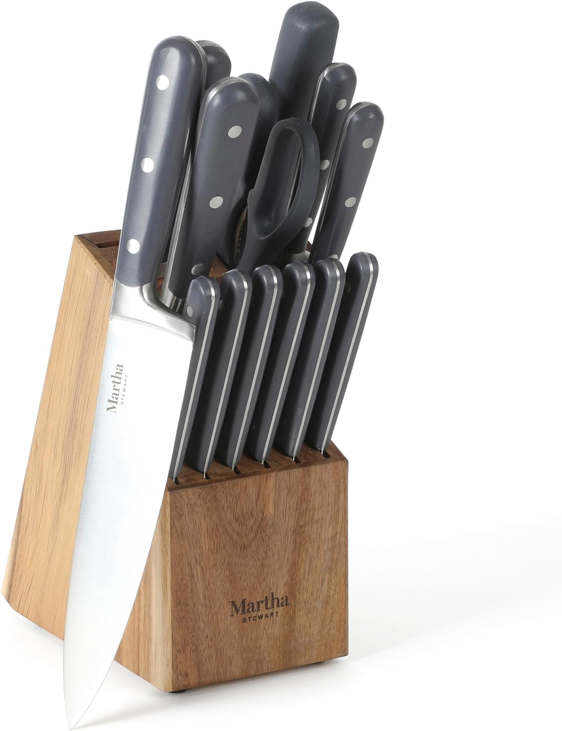 MARTHA STEWART Eastwalk 14 Piece High Carbon Stainless Steel Cutlery Knife Block Set w ABS Triple Riveted Forged Handle Acacia Wood Block - Gray MARTHA STEWART Eastwalk 14 Piece High Carbon Stainless Steel Cutlery Knife Block Set w/ABS Triple Riveted Forged Handle Acacia Wood Block - Gray