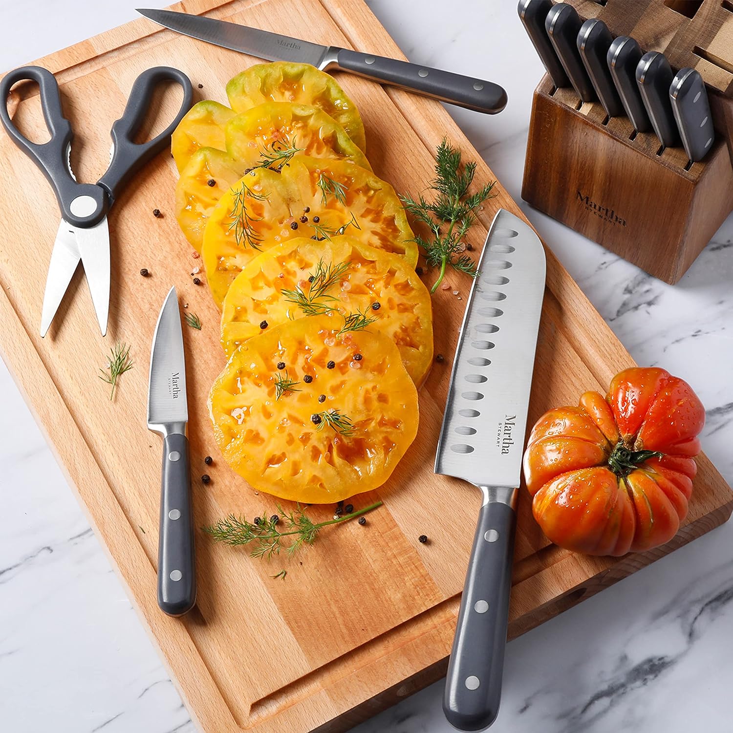 MARTHA STEWART Eastwalk 14 Piece High Carbon Stainless Steel Cutlery Knife Block Set w ABS Triple Riveted Forged Handle Acacia Wood Block - Gray2