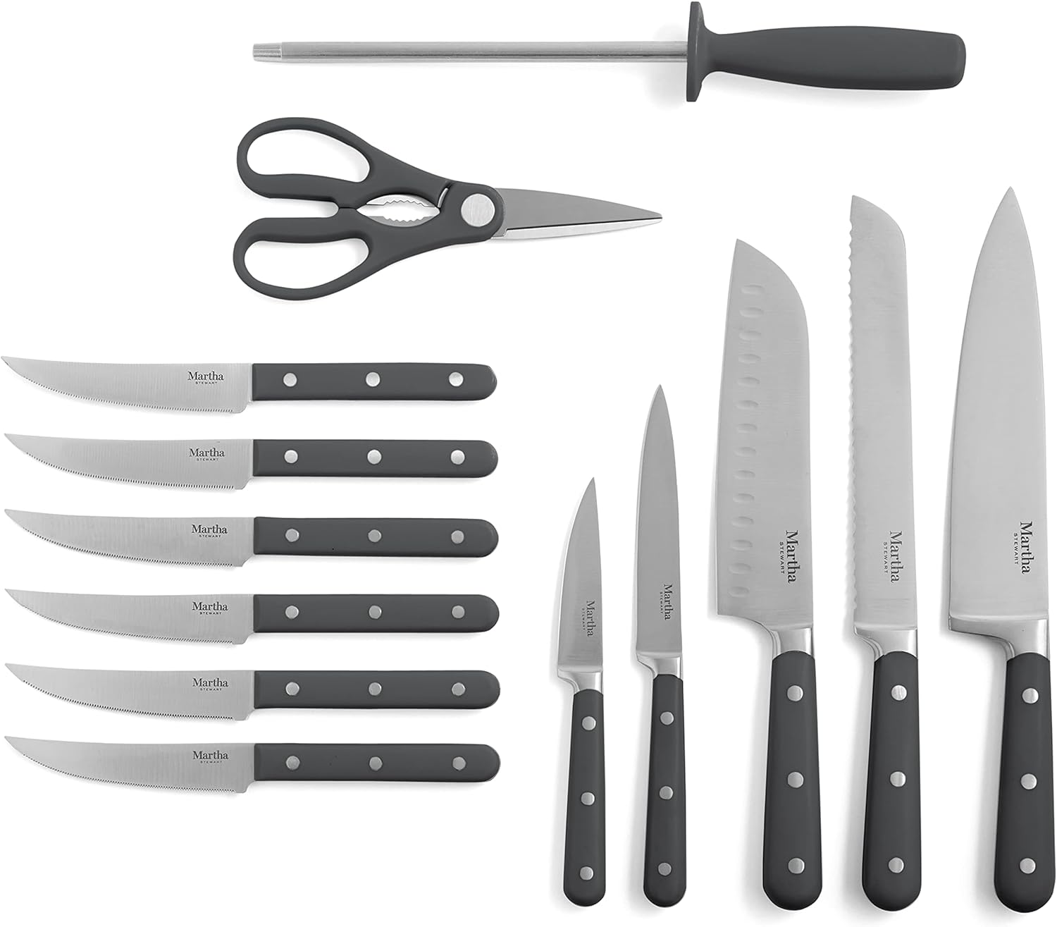 MARTHA STEWART Eastwalk 14 Piece High Carbon Stainless Steel Cutlery Knife Block Set w ABS Triple Riveted Forged Handle Acacia Wood Block - Gray6