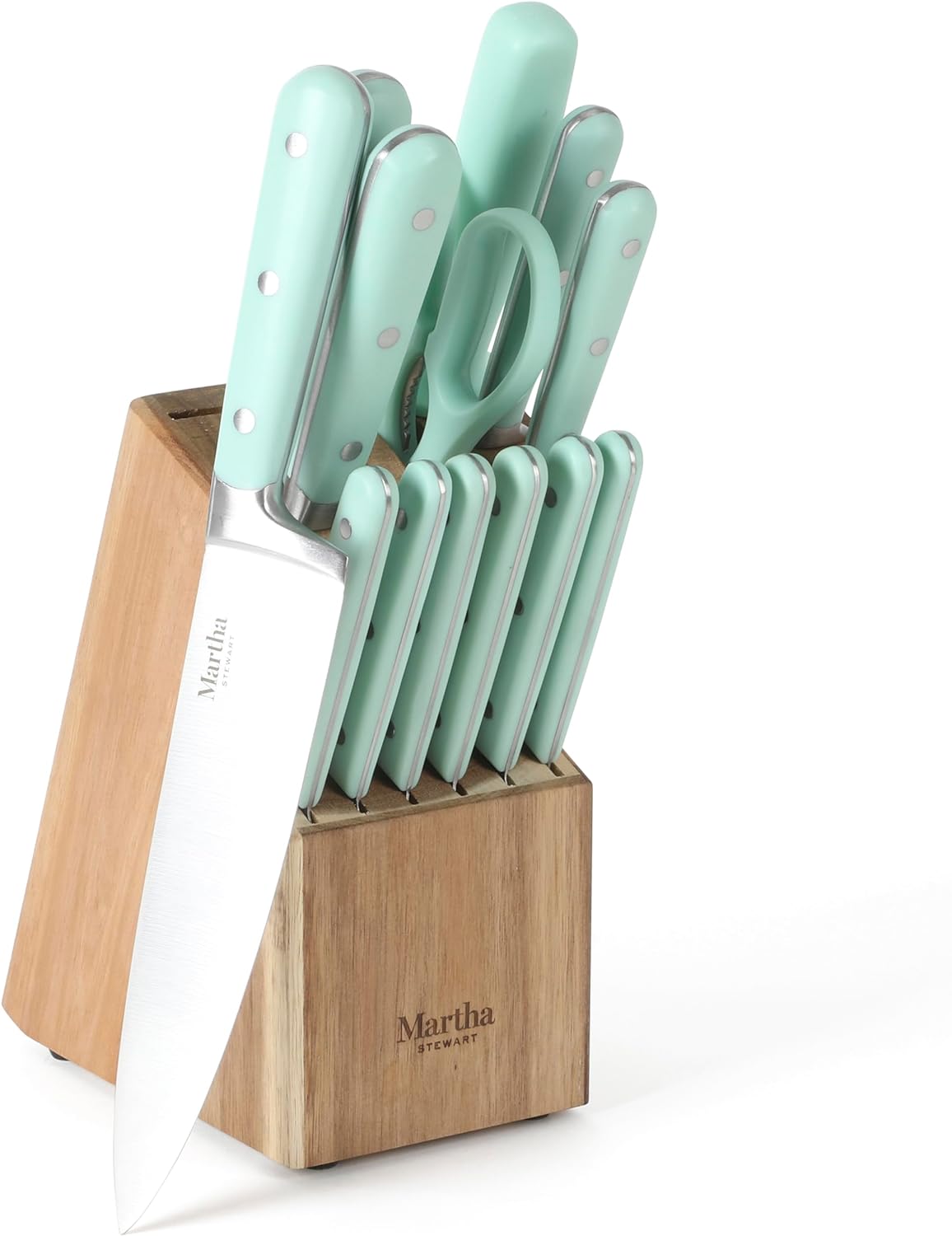 MARTHA STEWART Eastwalk 14 Piece High Carbon Stainless Steel Cutlery Knife Block Set w ABS Triple Riveted Forged Handle Acacia Wood Block - Martha Blue MARTHA STEWART Eastwalk 14 Piece High Carbon Stainless Steel Cutlery Knife Block Set w/ABS Triple Riveted Forged Handle Acacia Wood Block - Martha Blue