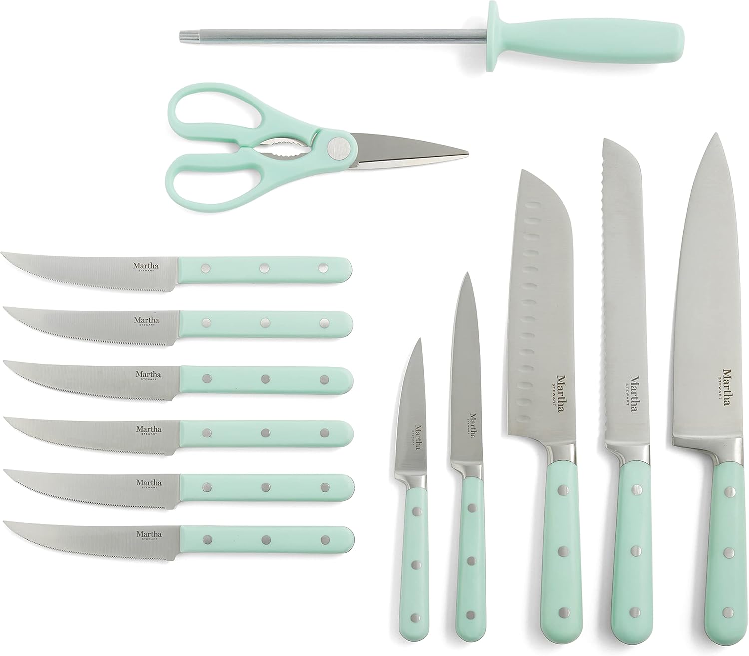 MARTHA STEWART Eastwalk 14 Piece High Carbon Stainless Steel Cutlery Knife Block Set w ABS Triple Riveted Forged Handle Acacia Wood Block - Martha Blue8