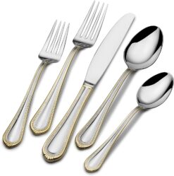 Mikasa Gold Accent Regent Bead Flatware Service for 12, 65 Piece Set, 18/10 Stainless Steel, Silverware Set with Serving Utensils