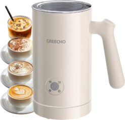 Milk Frother and Steamer, GREECHO 4 IN 1 Electric Milk Frother, 10.2oz/300ml Automatic Warm & Cold Milk Foamer for Coffee, Latte, Cappuccinos, Macchiato, Silent Operation & Automatic Shut-off, White