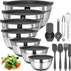 Mixing Bowls with Airtight Lids, 20 piece Stainless Steel Metal Nesting Bowls, Non-Slip Silicone Bottom, Size 7, 3.5, 2.5, 2.0,1.5, 1,0.67QT Great for Mixing, Baking, Serving (Grey)