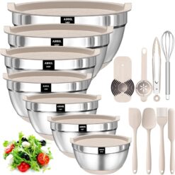 Mixing Bowls with Airtight Lids, 20 piece Stainless Steel Metal Nesting Bowls, Non-Slip Silicone Bottom, Size 7, 3.5, 2.5, 2.0,1.5, 1,0.67QT Great for Mixing, Baking, Serving (Khaki)