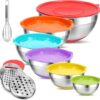 Mixing Bowls with Lids Set Airtight, 6 Piece Stainless Steel Nesting Bowls with 4 Grater Attachments, Non-Slip Bottoms & Cooking and Serving Food, Size 5.5, 4, 2.5, 2.1, 1.5, 1.2 QT