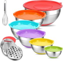 Mixing Bowls with Lids Set Airtight, 6 Piece Stainless Steel Nesting Bowls with 4 Grater Attachments, Non-Slip Bottoms & Cooking and Serving Food, Size 5.5, 4, 2.5, 2.1, 1.5, 1.2 QT