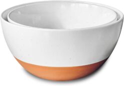 Mora Ceramic Large Mixing Bowls - Set of 2 Nesting Bowls for Cooking, Serving, Popcorn, Salad etc - Microwavable Kitchen Stoneware, Oven, Microwave and Dishwasher Safe - Extra Big 5.5 & 3.6 Qt - White