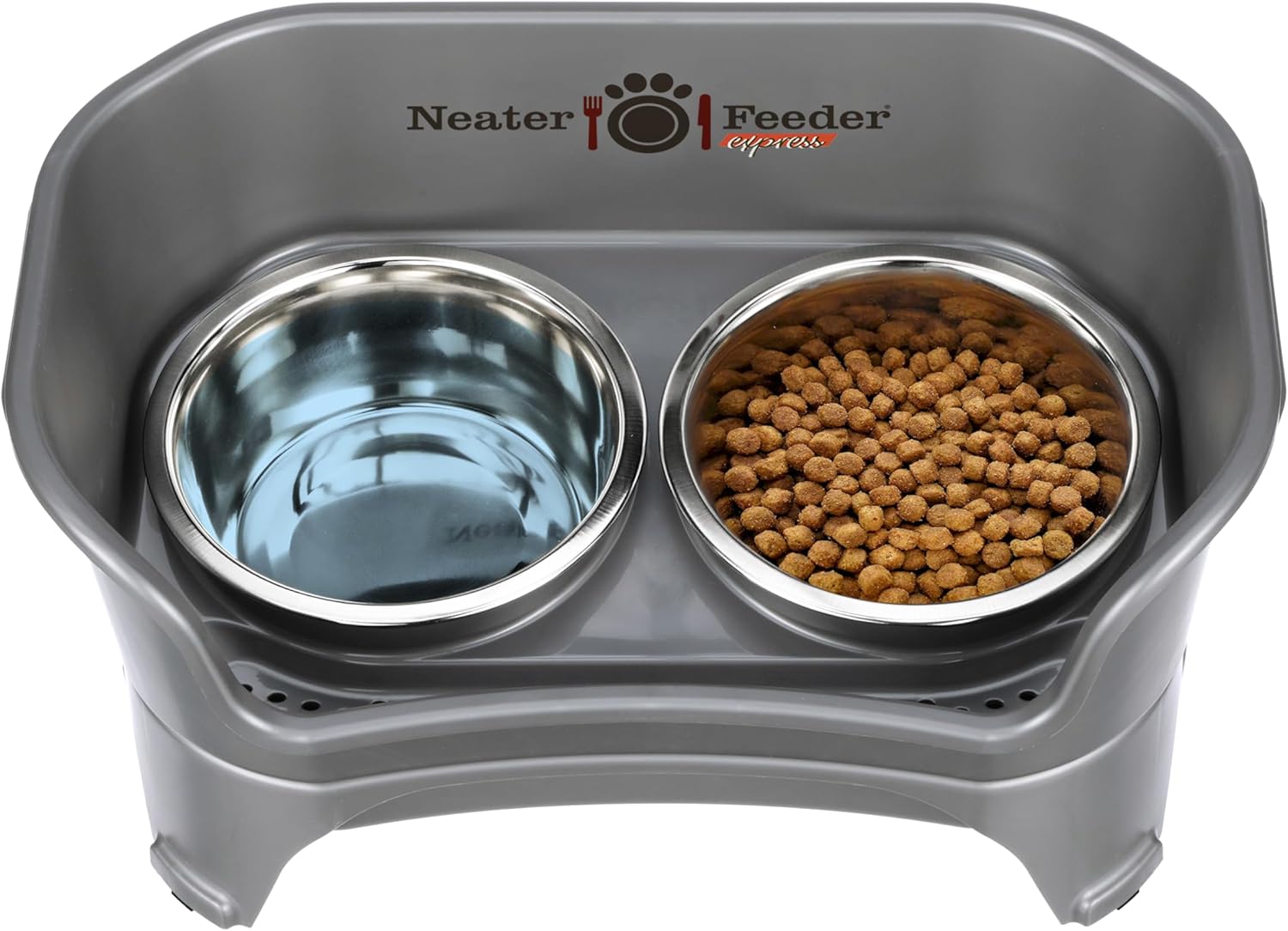 Neater Feeder - Express Model - Mess-Proof Dog Bowls (Medium Large, Gunmetal Grey) – Made in USA – Elevated, No Spill, Non-Tip, Non-Slip, Raised Stainless Steel Food & Water Pet Bowls0