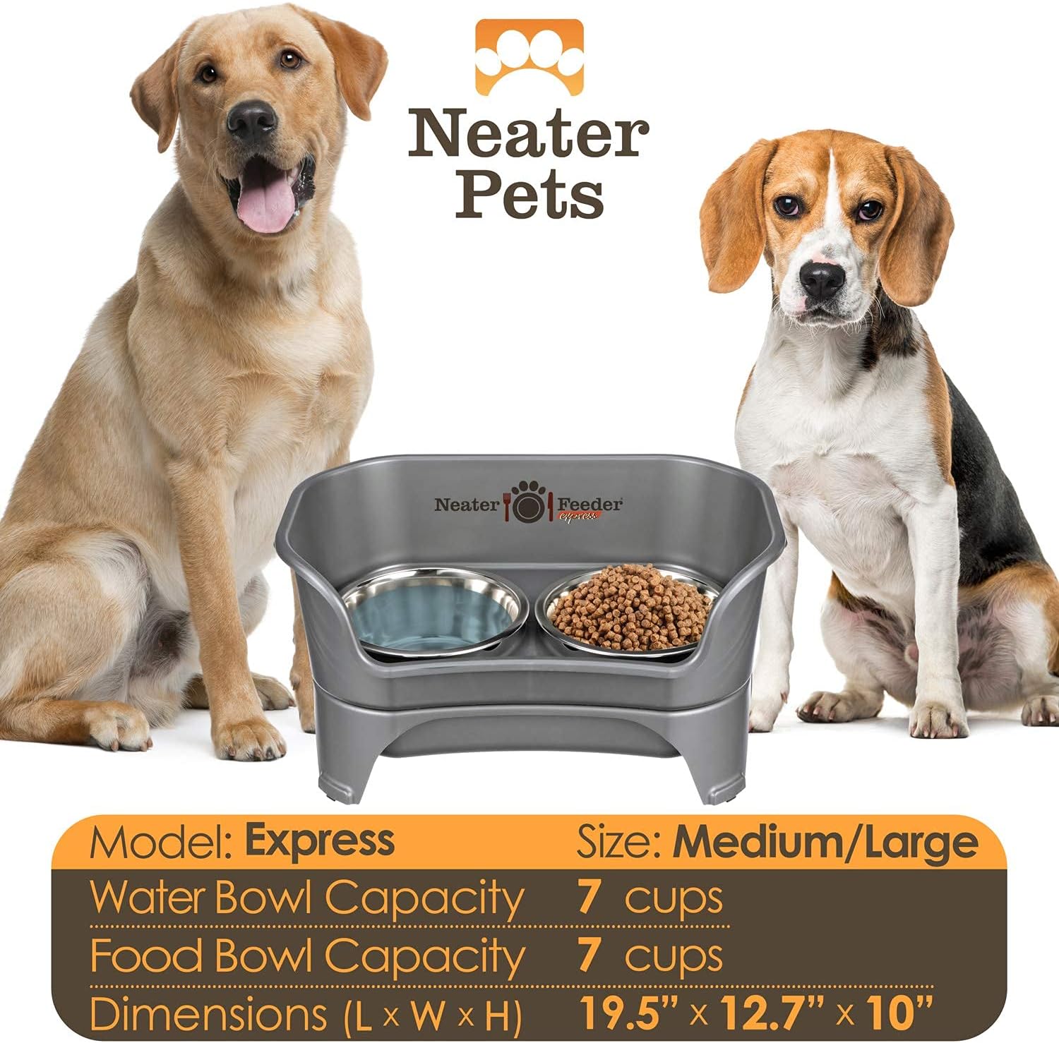 Neater Feeder - Express Model - Mess-Proof Dog Bowls (Medium Large, Gunmetal Grey) – Made in USA – Elevated, No Spill, Non-Tip, Non-Slip, Raised Stainless Steel Food & Water Pet Bowls6