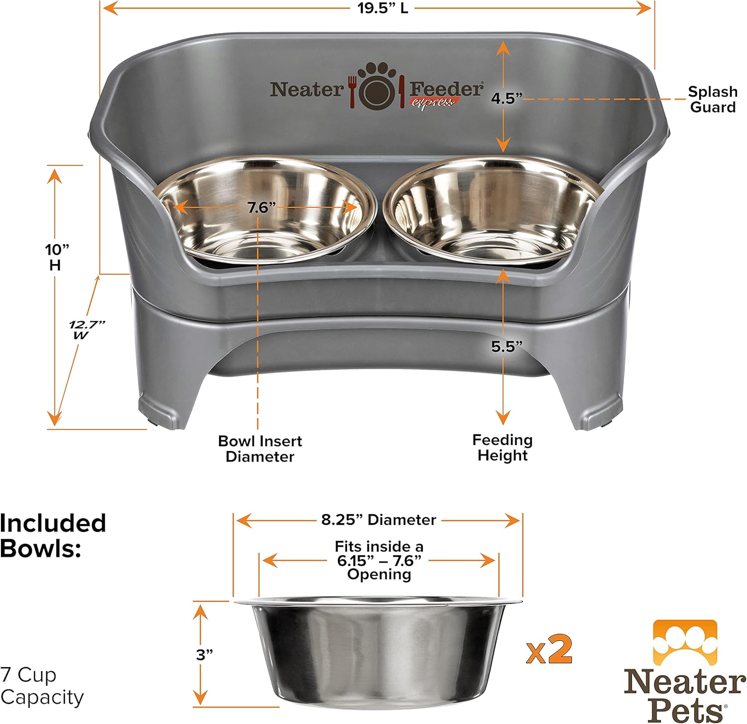 Neater Feeder - Express Model - Mess-Proof Dog Bowls (Medium Large, Gunmetal Grey) – Made in USA – Elevated, No Spill, Non-Tip, Non-Slip, Raised Stainless Steel Food & Water Pet Bowls8