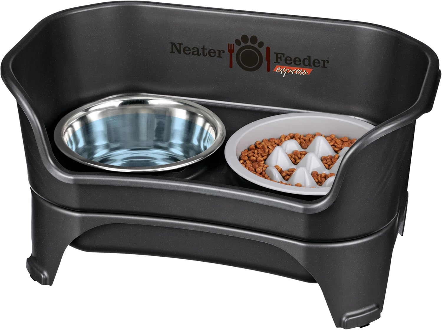 Neater Feeder - Express Model w Niner 9 Peak Slow Feed Bowl - Mess-Proof Dog Bowls (M L, Black) - Made in USA – Elevated, No Spill, Non-Tip, Non-Slip, Raised Food Water Pet Bowls Aid Digestion Neater Feeder - Express Model w/Niner 9 Peak Slow Feed Bowl - Mess-Proof Dog Bowls (M/L, Black) - Made in USA – Elevated, No Spill, Non-Tip, Non-Slip, Raised Food/Water Pet Bowls Aid Digestion