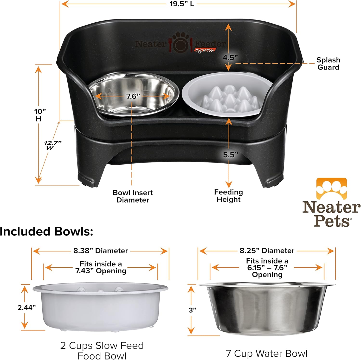Neater Feeder - Express Model w Niner 9 Peak Slow Feed Bowl - Mess-Proof Dog Bowls (M L, Black) - Made in USA – Elevated, No Spill, Non-Tip, Non-Slip, Raised Food Water Pet Bowls Aid Digestion9