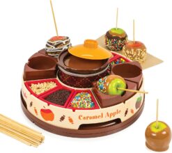 Nostalgia Chocolate & Caramel Fondue Pot, 25 Sticks, Fondue Machine with Decorating and Toppings Trays, Brown