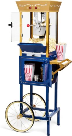 Nostalgia Popcorn Maker Machine - Professional Cart With 8 Oz Kettle Makes Up to 32 Cups - Vintage Popcorn Machine Movie Theater Style - Popcorn Stand Cart With Wheels - Navy/Gold