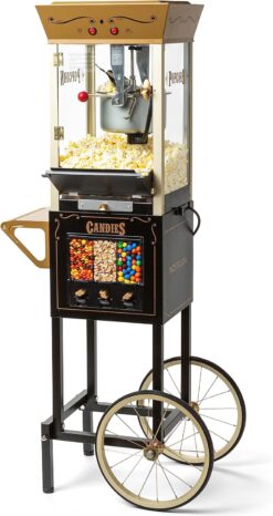 Nostalgia Popcorn Maker Machine - Professional Cart With 8 Oz Kettle Makes Up to 32 Cups with Candy & Kernel Dispenser - Vintage Popcorn Machine Movie Theater Style - Black