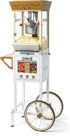 Nostalgia Popcorn Maker Machine - Professional Cart With 8 Oz Kettle Makes Up to 32 Cups with Candy & Kernel Dispenser - Vintage Popcorn Machine Movie Theater Style - Ivory