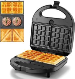 OSTBA 3 in 1 Sandwich Maker Panini Press Waffle Iron Set with 3 Removable Non-Stick Plates, 750W Toaster Perfect for Sandwiches Grilled Cheese Steak, Black
