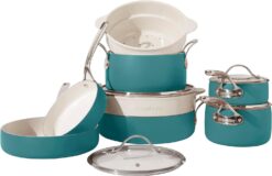 Oprah's Favorite Things - 12 Piece Aluminum Pots and Pans Cookware Set w/Non-toxic Ceramic Non-stick, Ceramic Steamer Insert, & 12 Protective Care Bags - Agave Blue