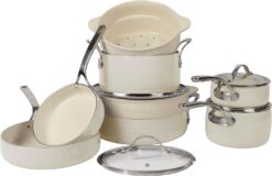 Oprah's Favorite Things - 12 Piece Aluminum Pots and Pans Cookware Set w/Non-toxic Ceramic Non-stick, Ceramic Steamer Insert, & 12 Protective Care Bags - Oat White