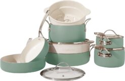 Oprah's Favorite Things - 12 Piece Aluminum Pots and Pans Cookware Set w/Non-toxic Ceramic Non-stick, Ceramic Steamer Insert, & 12 Protective Care Bags - Sage Green