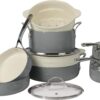 Oprah's Favorite Things - 12 Piece Aluminum Pots and Pans Cookware Set w/Non-toxic Ceramic Non-stick, Ceramic Steamer Insert, & 12 Protective Care Bags - Stone Grey