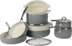 Oprah's Favorite Things - 12 Piece Aluminum Pots and Pans Cookware Set w/Non-toxic Ceramic Non-stick, Ceramic Steamer Insert, & 12 Protective Care Bags - Stone Grey