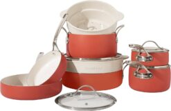 Oprah's Favorite Things - 12 Piece Aluminum Pots and Pans Cookware Set w/Non-toxic Ceramic Non-stick, Ceramic Steamer Insert, & 12 Protective Care Bags - Terracotta Orange