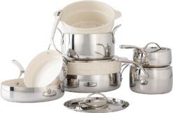Oprah's Favorite Things - 12 Piece Triply Stainless Steel Pots and Pans Cookware Set w/Non-Stick Non-Toxic Ceramic Interior, Ceramic Steamer Inserts, & 12 Protective Care Bags