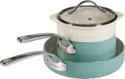 Oprah's Favorite Things - 4-Piece Heavy-Gauge Aluminum Pots and Pans Cookware Set w/Non-Stick Non-Toxic Ceramic Interior and Ceramic Steamer Insert Sage Green