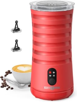 Paris Rhône Milk Frother, 4-in-1 Milk Frother and Steamer, Non-Slip Stylish Design, Hot & Cold Milk Steamer with Temperature Control, Auto Shut-Off Frother for Coffee, Latte, Cappuccino, Macchiato, Red