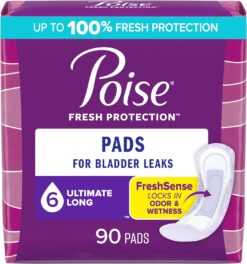 Poise Incontinence Pads & Postpartum Incontinence Pads, 6 Drop Ultimate Absorbency, Long Length, 90 Count, Packaging May Vary