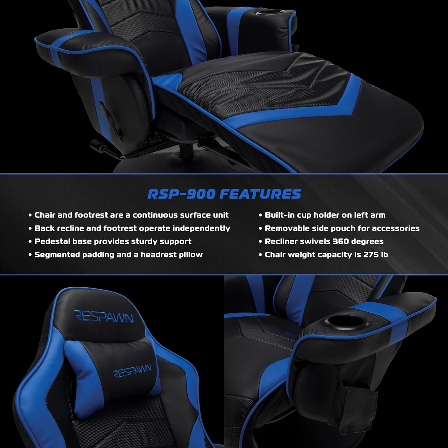 RESPAWN 900 Gaming Recliner - Video Games Console Recliner Chair, Computer Recliner, Adjustable Leg Rest and Recline, Recliner with Cupholder, Reclining Gaming Chair with Footrest - Blue8