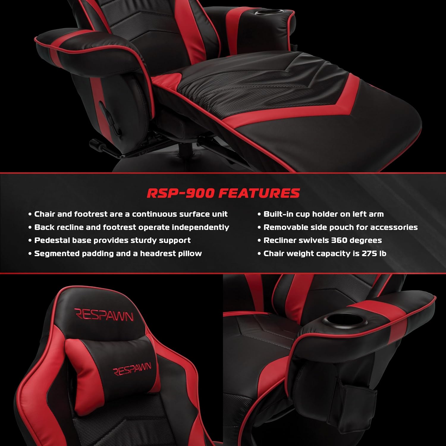 RESPAWN 900 Gaming Recliner - Video Games Console Recliner Chair, Computer Recliner, Adjustable Leg Rest and Recline, Recliner with Cupholder, Reclining Gaming Chair with Footrest - Red89