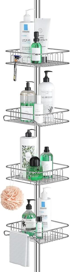 SEIRIONE Rustproof Shower Caddy Corner and Shower Organizer Corner for Bathroom,Corner Shower Caddy Tension Pole with 4 Adjustable Baskets for Shower Accessories, 61.3 to 113 Inch Height, Stainless
