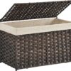 SONGMICS Storage Basket with Lid, 17.2 Gallon (65L) Storage Bin, Woven Blanket Storage Basket with Handles, Foldable, Removable Liner, Metal Frame, for Bedroom, Laundry Room, Brown URST56BR