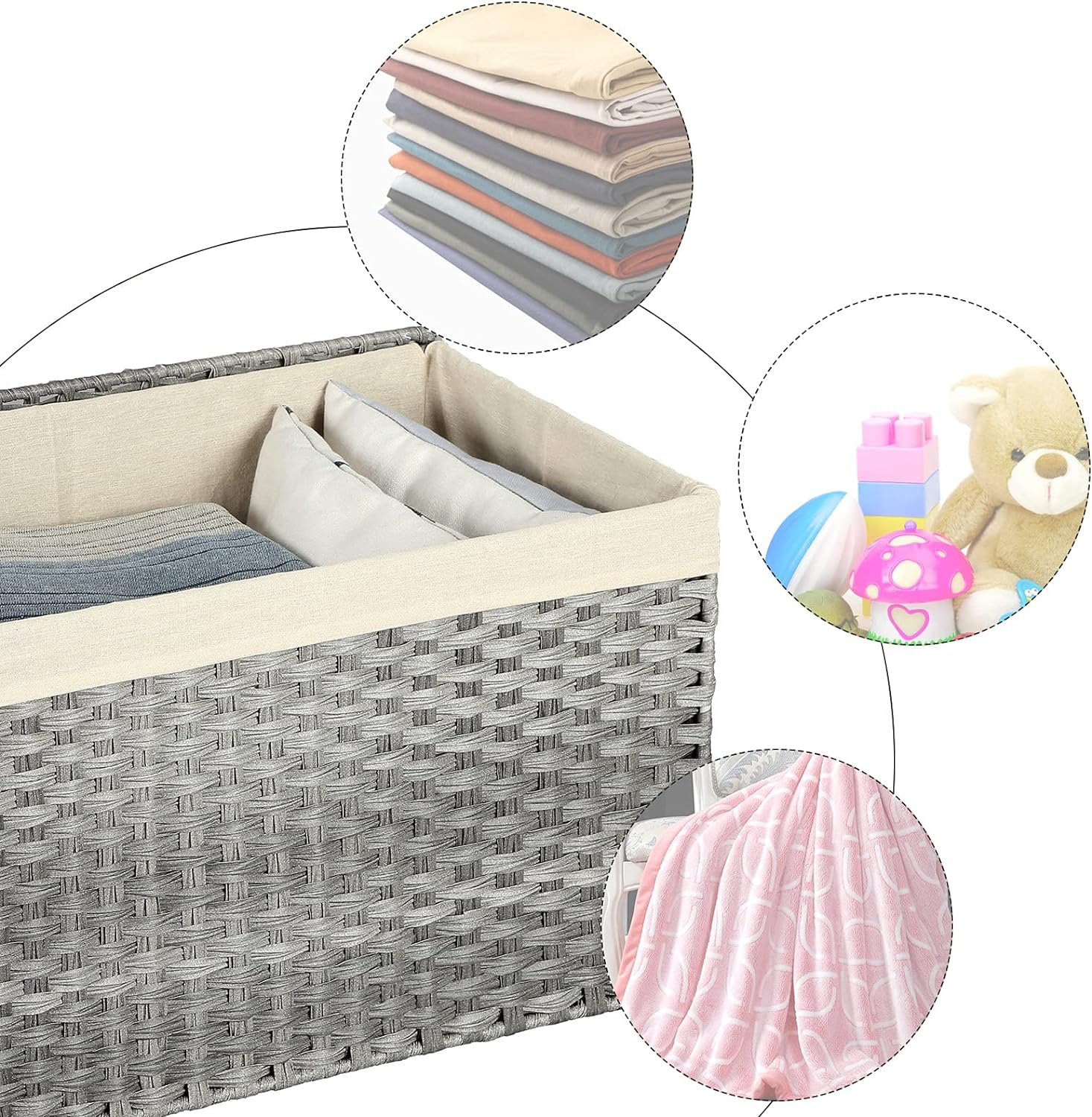 SONGMICS Storage Basket with Lid, 17.2 Gallon (65L) Storage Bin, Woven Blanket Storage Basket with Handles, Foldable, Removable Liner, Metal Frame, for Bedroom, Laundry Room, Gray URST56WG-