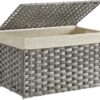 SONGMICS Storage Basket with Lid, 17.2 Gallon (65L) Storage Bin, Woven Blanket Storage Basket with Handles, Foldable, Removable Liner, Metal Frame, for Bedroom, Laundry Room, Gray URST56WG