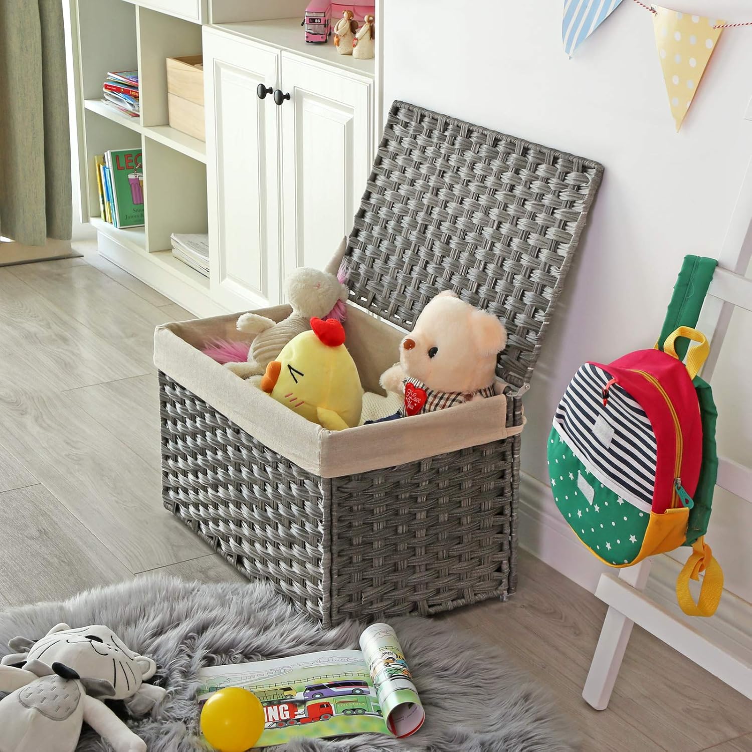 SONGMICS Storage Basket with Lid, 17.2 Gallon (65L) Storage Bin, Woven Blanket Storage Basket with Handles, Foldable, Removable Liner, Metal Frame, for Bedroom, Laundry Room, Gray URST56WG1