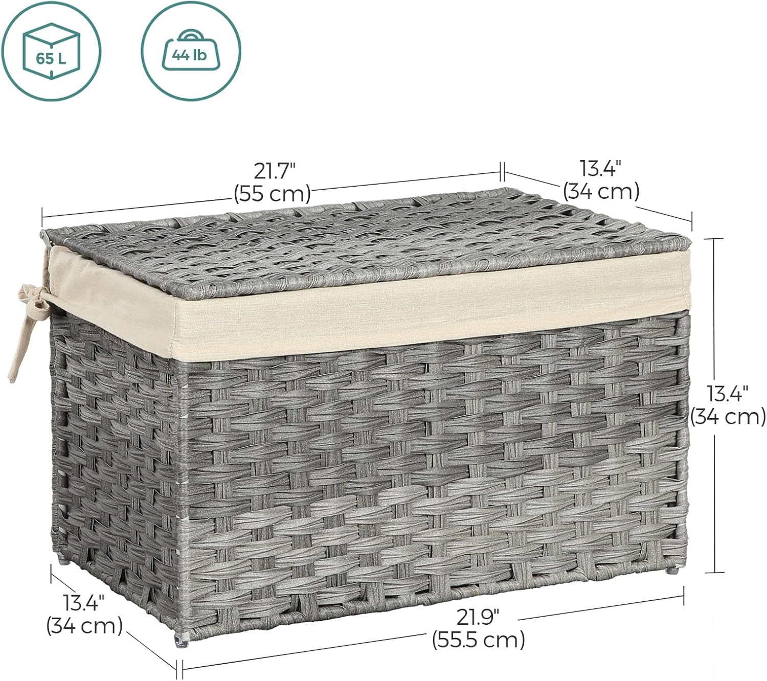 SONGMICS Storage Basket with Lid, 17.2 Gallon (65L) Storage Bin, Woven Blanket Storage Basket with Handles, Foldable, Removable Liner, Metal Frame, for Bedroom, Laundry Room, Gray URST56WG3
