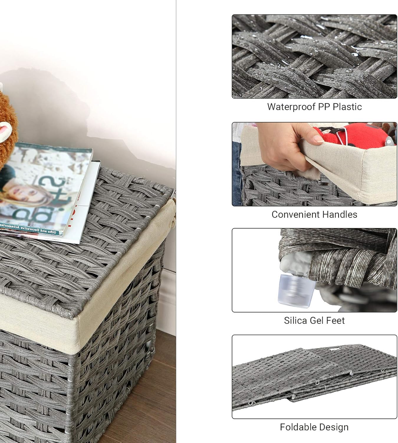 SONGMICS Storage Basket with Lid, 17.2 Gallon (65L) Storage Bin, Woven Blanket Storage Basket with Handles, Foldable, Removable Liner, Metal Frame, for Bedroom, Laundry Room, Gray URST56WG5