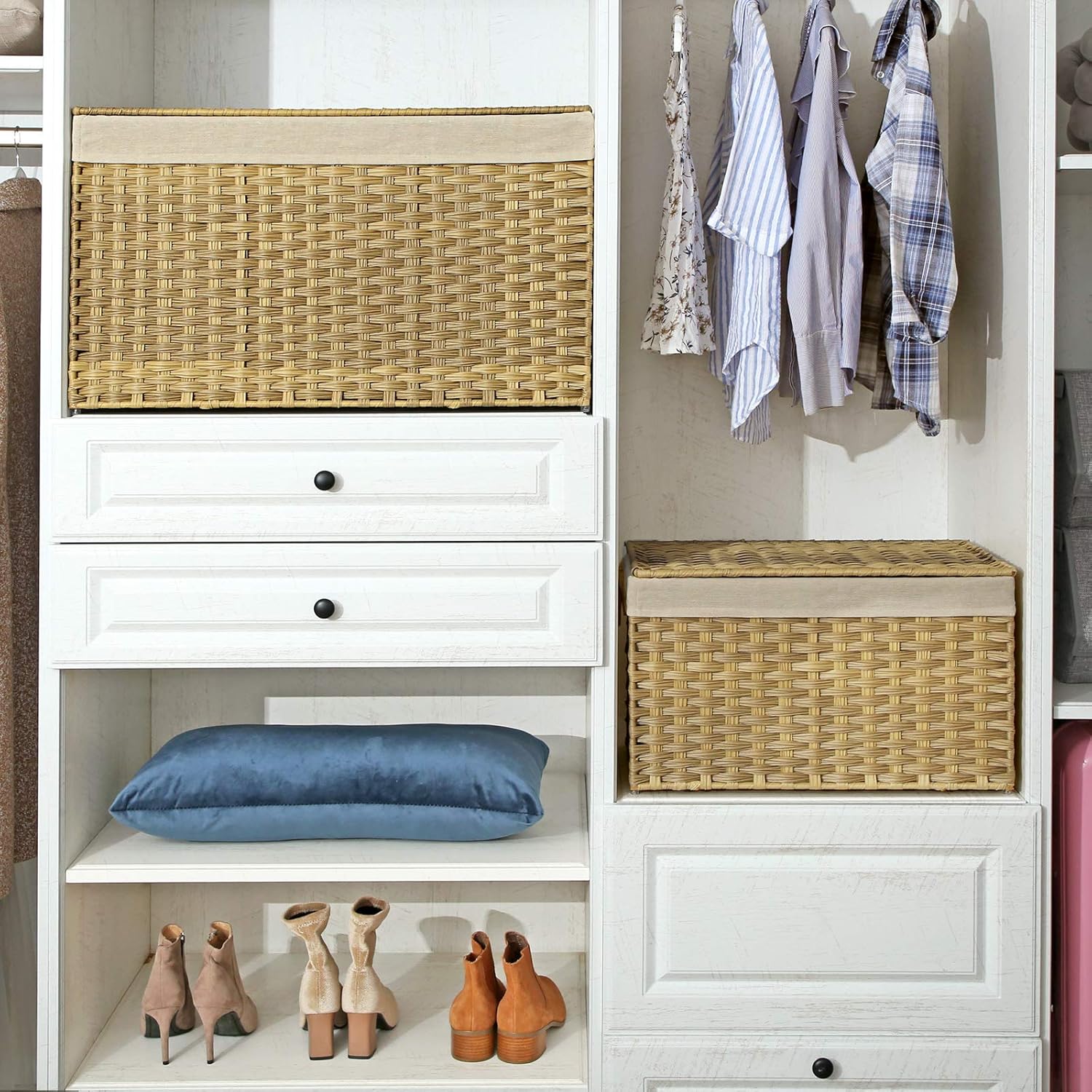 SONGMICS Storage Basket with Lid, 17.2 Gallon (65L) Storage Bin, Woven Blanket Storage Basket with Handles, Foldable, Removable Liner, Metal Frame, for Bedroom, Laundry Room, Natural URST56NL-