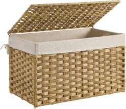SONGMICS Storage Basket with Lid, 17.2 Gallon (65L) Storage Bin, Woven Blanket Storage Basket with Handles, Foldable, Removable Liner, Metal Frame, for Bedroom, Laundry Room, Natural URST56NL