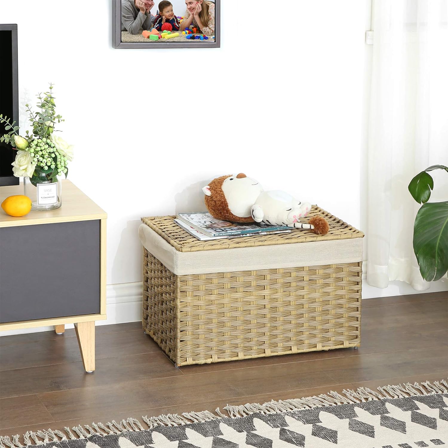 SONGMICS Storage Basket with Lid, 17.2 Gallon (65L) Storage Bin, Woven Blanket Storage Basket with Handles, Foldable, Removable Liner, Metal Frame, for Bedroom, Laundry Room, Natural URST56NL4