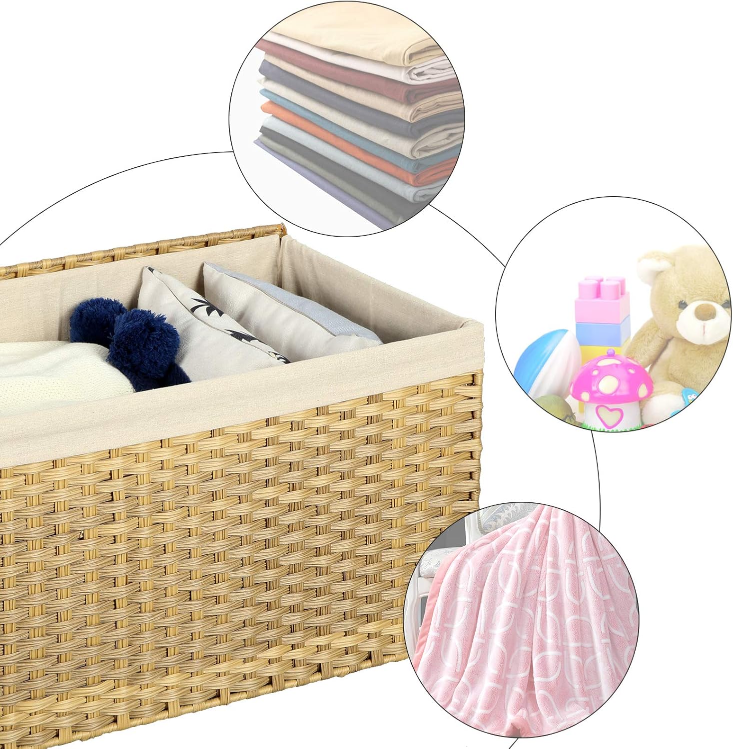 SONGMICS Storage Basket with Lid, 17.2 Gallon (65L) Storage Bin, Woven Blanket Storage Basket with Handles, Foldable, Removable Liner, Metal Frame, for Bedroom, Laundry Room, Natural URST56NL78