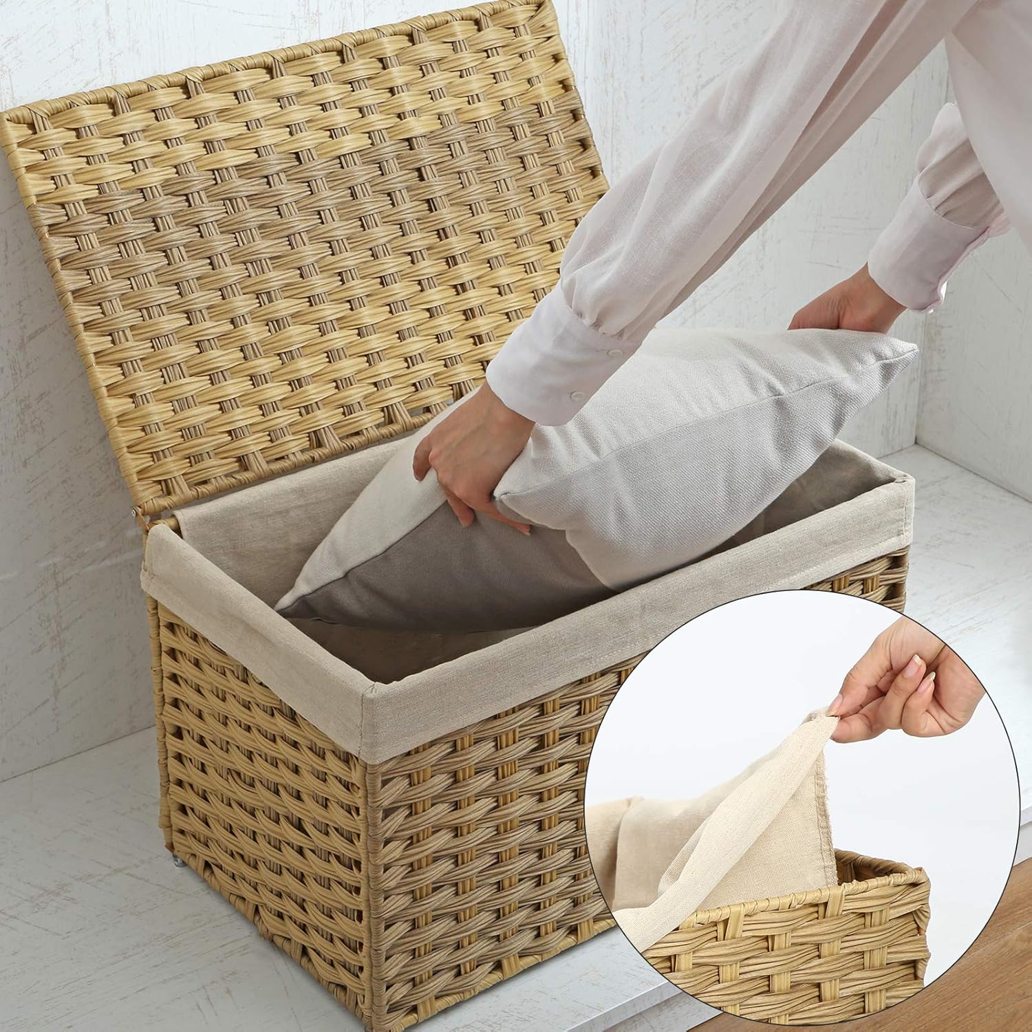 SONGMICS Storage Basket with Lid, 17.2 Gallon (65L) Storage Bin, Woven Blanket Storage Basket with Handles, Foldable, Removable Liner, Metal Frame, for Bedroom, Laundry Room, Natural URST56NL8